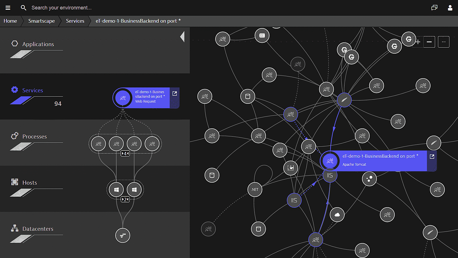 Smartscape Service with multiple hosts and datacenters Dynatrace screenshot